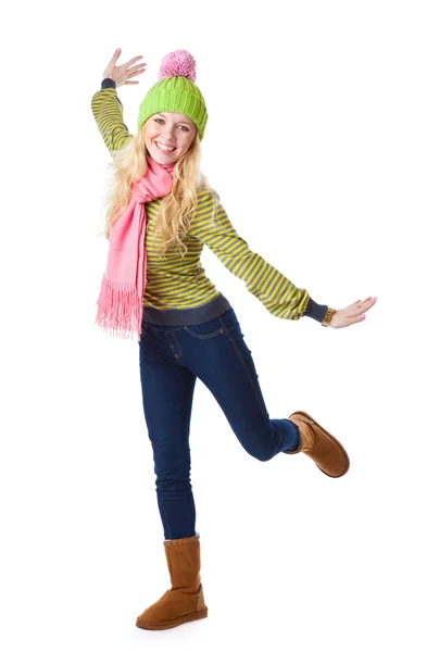 Komik Şapkalı Gülmek Güzel Bir Kız Atlıyor Beyaz Bir Arka — Stok fotoğraf