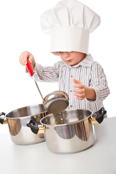 Ein Lustiger Netter Junge Porträtiert Einen Koch Isoliert Auf Weißem — Stockfoto
