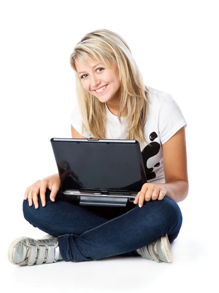Menina Com Laptop Isolado Sobre Fundo Branco — Fotografia de Stock