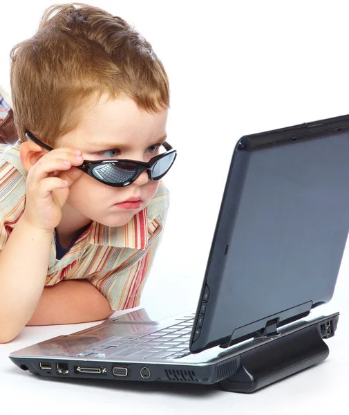 Concept Little Businessman Little Child Laptop Isolated White Background — Stock Photo, Image