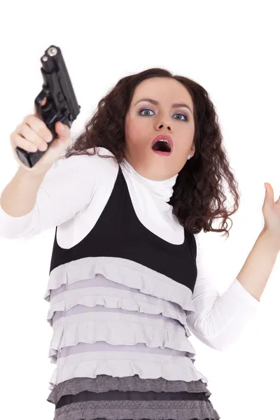 Mulher chocada com arma — Fotografia de Stock