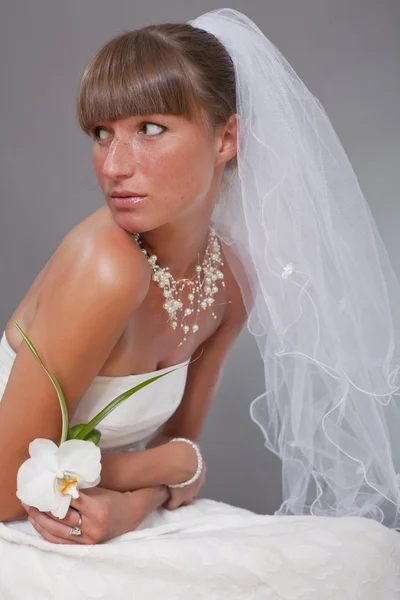 Sensuele bruid met sluier en bloem — Stockfoto