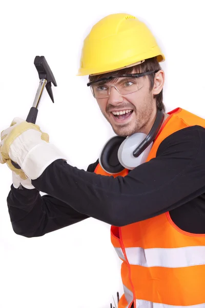 Trabajador enojado con martillo — Foto de Stock