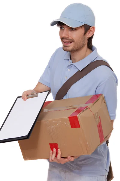 Entrega hombre con paquete — Foto de Stock