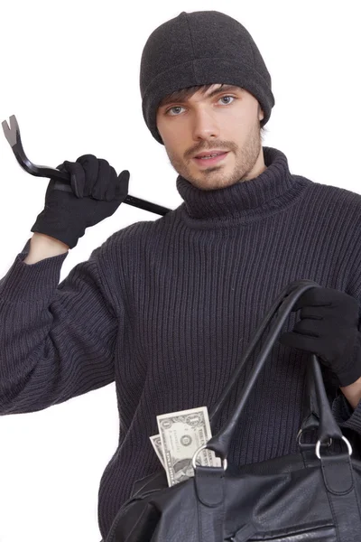 Thief with money bag — Stock Photo, Image