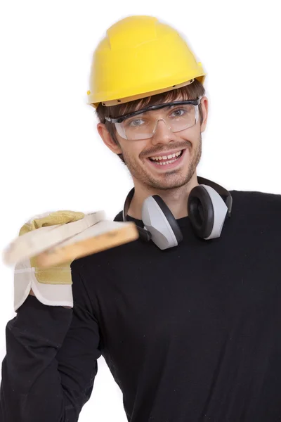 Happy worker with wood — Stock Photo, Image
