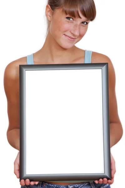 Kobieta z pustą ramkę obrazu — Zdjęcie stockowe