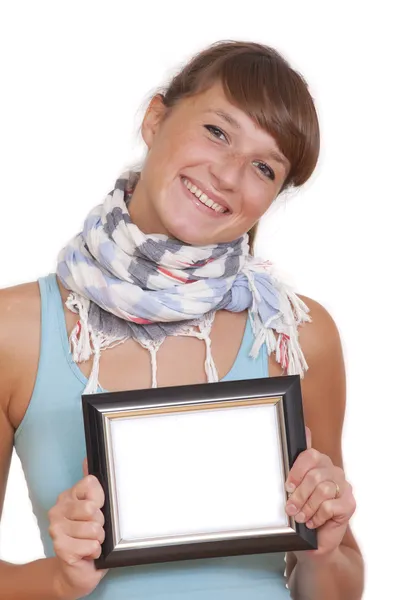Happy woman with small photo frame — Stock Photo, Image