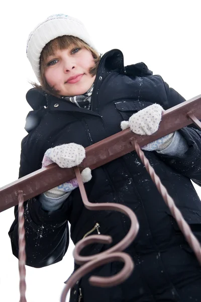 Ragazza al balcone in giorno d'inverno — Foto Stock