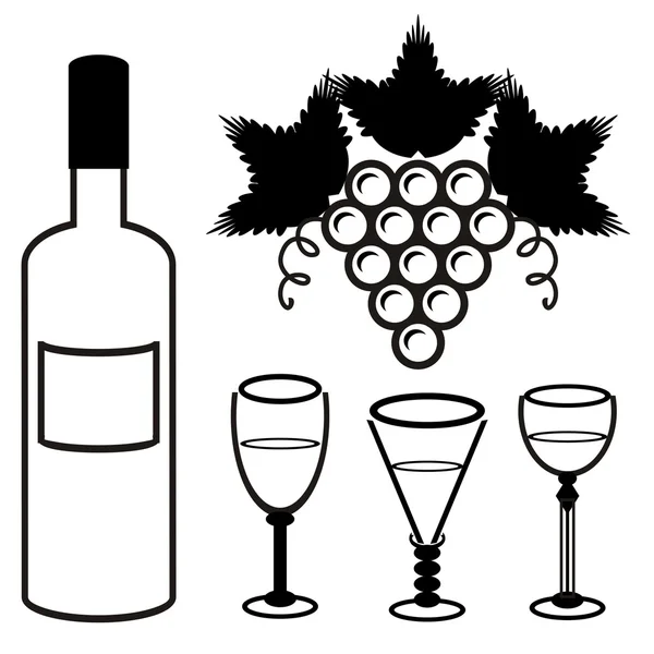 Garrafa de vinho, uva e copos — Vetor de Stock