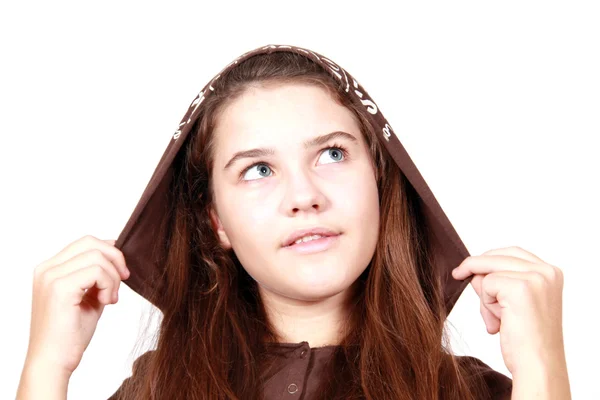 Girl with long hair in hood — Stock Photo, Image