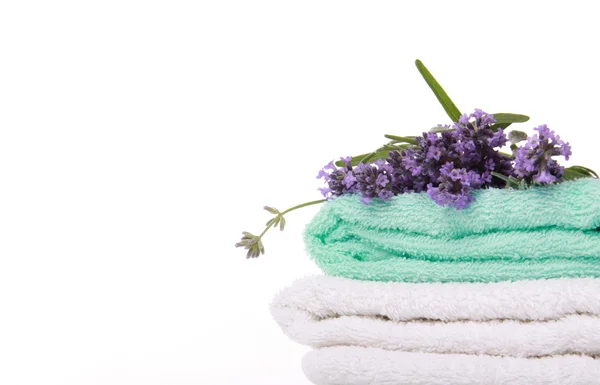 Ветка лаванды на полотенце — стоковое фото