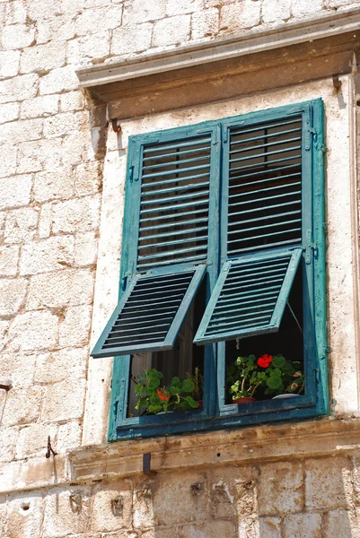 Window with red flowers — Stock Photo, Image