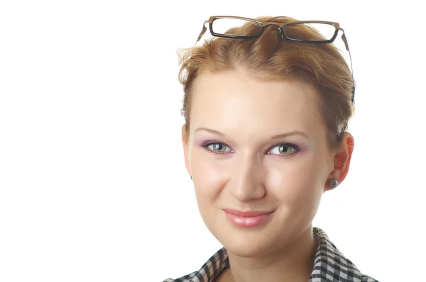 Schönes Mädchen mit Brille auf weißem Hintergrund — Stockfoto