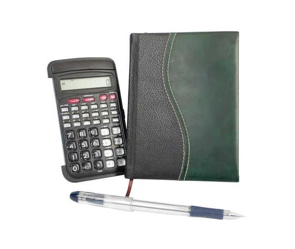 Laptop, rekenmachine, schrijven handvat — Stockfoto