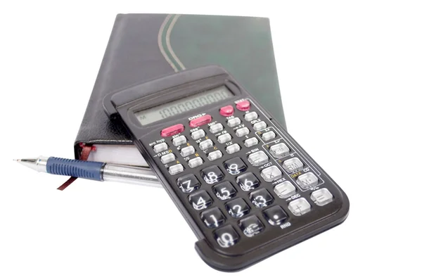 Quaderno, calcolatrice, maniglia di scrittura — Foto Stock