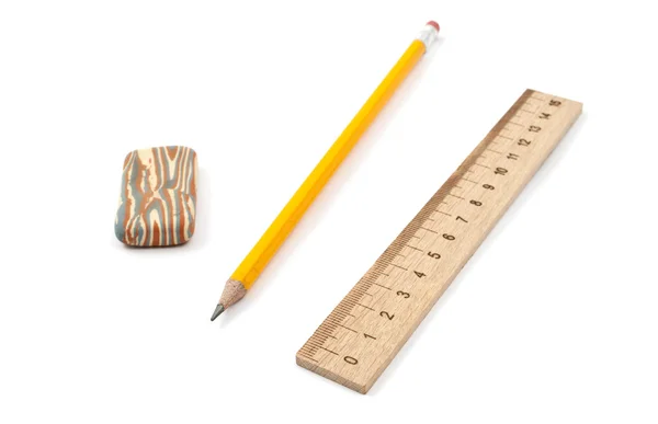 橡皮、 铅笔、 尺子 — 图库照片