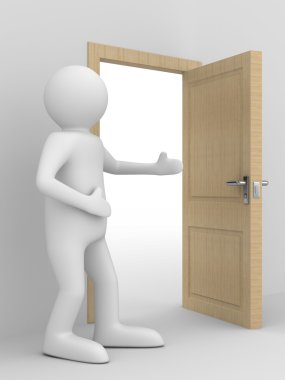 Man invites to pass open door. 3D image clipart