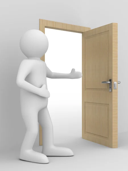 Чоловік запрошує пройти відчинені двері. 3D-зображення — стокове фото