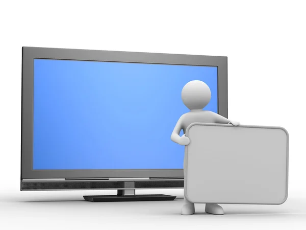 TV e homem no fundo branco — Fotografia de Stock