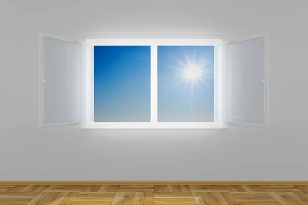 Prázdná místnost s otevřeným oknem. 3D obrázek — Stock fotografie
