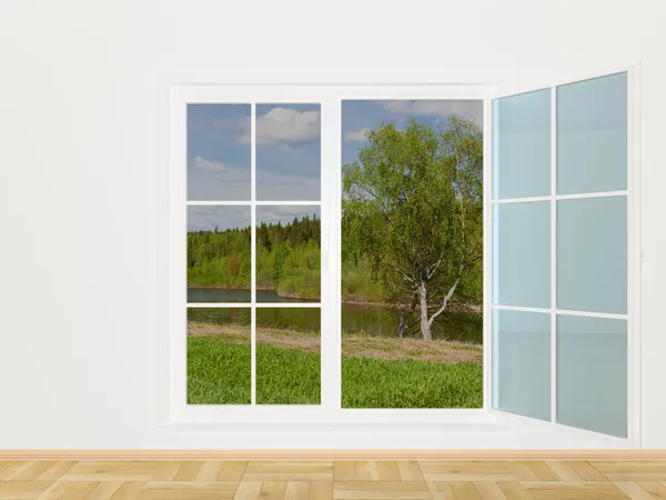 A paisagem de verão atrás de uma janela — Fotografia de Stock