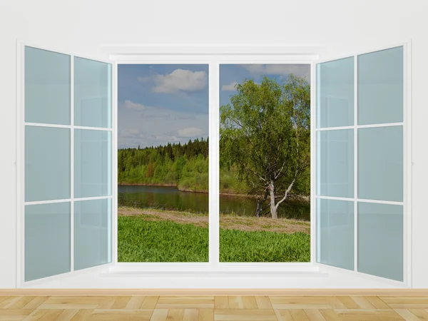 Sommerlandschaft hinter einem Fenster — Stockfoto