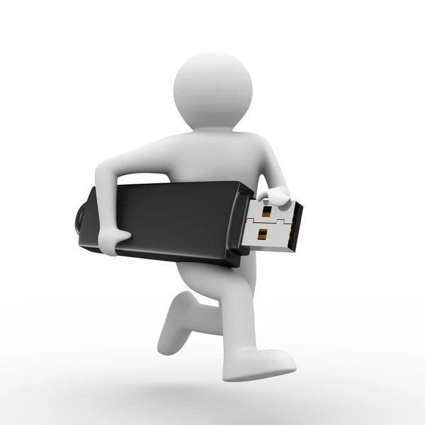 Mann hält USB-Flash. isoliertes 3D-Bild — Stockfoto