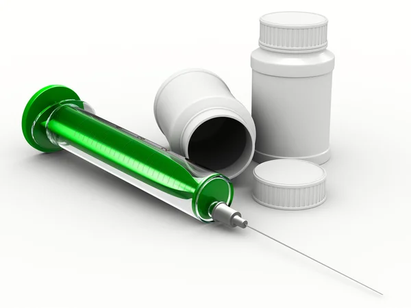 Syringe and banks on white background — Stock Photo, Image