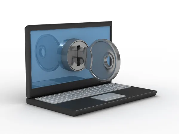 Laptop und Schlüssel auf weißem Hintergrund — Stockfoto