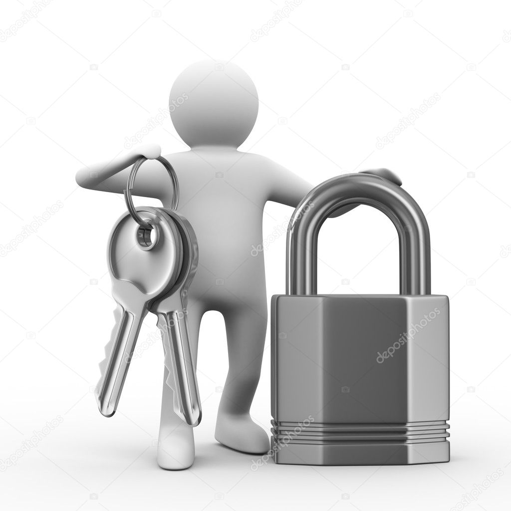 Man with keys and lock on white background