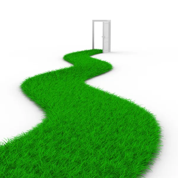 Droga do drzwi z trawy. na białym tle obraz 3d — Zdjęcie stockowe