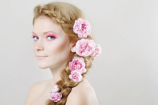 stock image Woman with with flowers and roses in hair