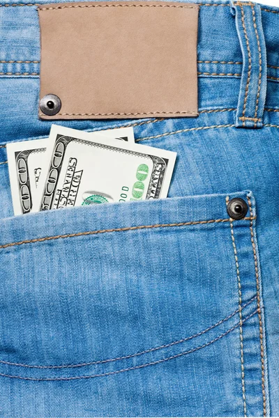 Kot pantolon cebinde dolarlık banknotlar ile — Stok fotoğraf