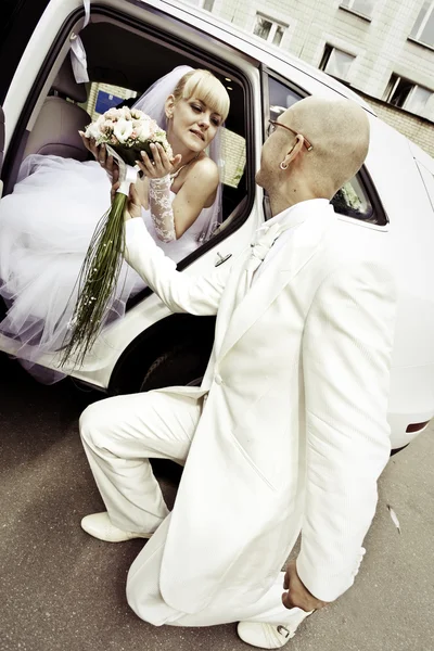 Glada unga par bruden och brudgummen — Stockfoto
