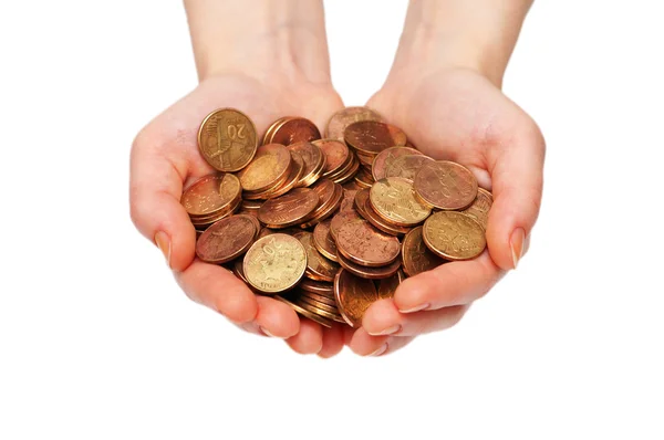 Hands holding many coins isolated — Stock Photo, Image