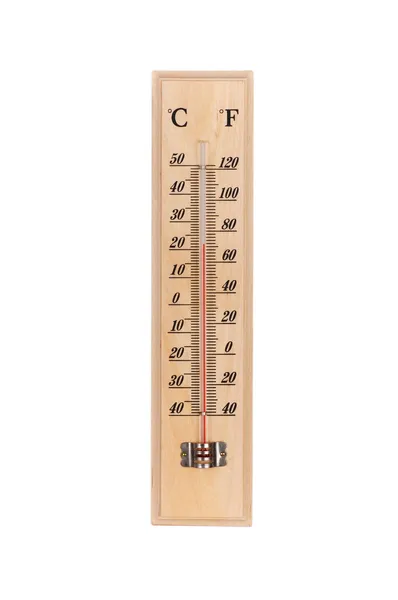 Termometr drewniany na białym tle — Zdjęcie stockowe