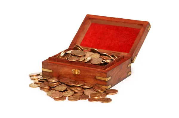 Small chest full of coins isolated — Stock Photo, Image