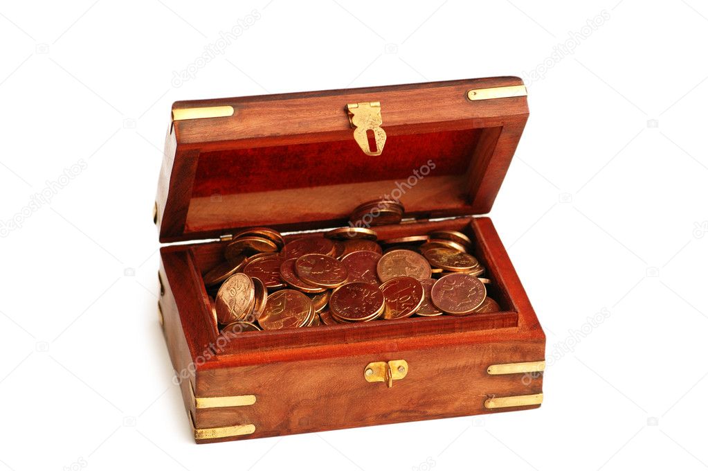 Wooden trunk full of golden coins