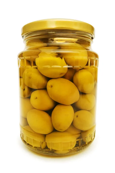 Pickled olives in glass jar — Stock Photo, Image