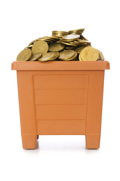 Many coins in the clay pot on white — Stock Photo, Image
