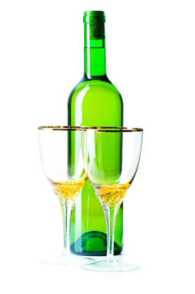Botella y vidrio aislados en el blanco — Foto de Stock