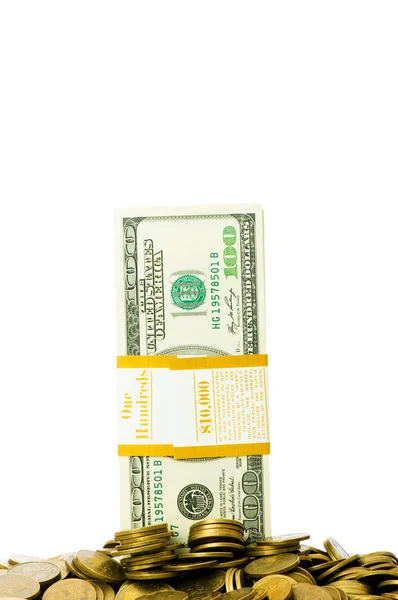 Dolarů a mince izolovaných na bílém — Stock fotografie