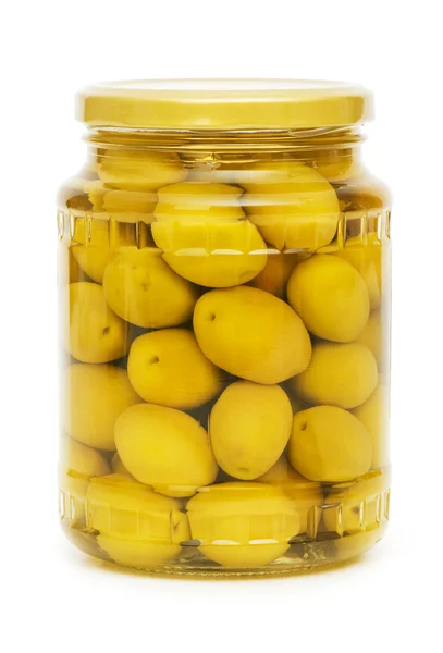 Мариновані оливки в скляній банці — стокове фото