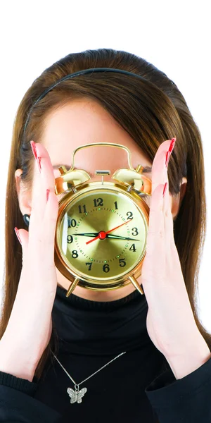 Mulher com relógio isolado no branco — Fotografia de Stock