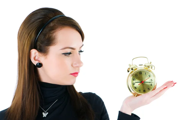 Woman with clock isolated — Stock Photo, Image
