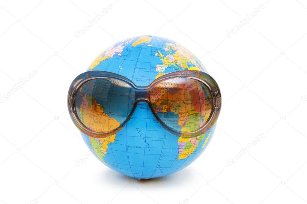 Globe with sunglasses isolated