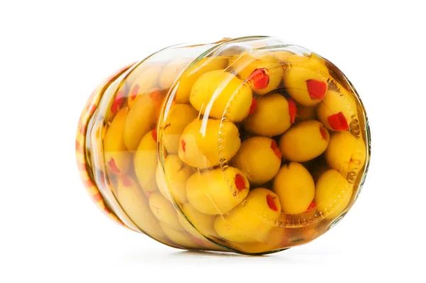Inlagda oliver i glasburk — Stockfoto
