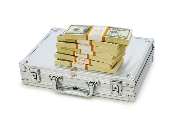 Metal case and lots of dollars on white — Stock Photo, Image