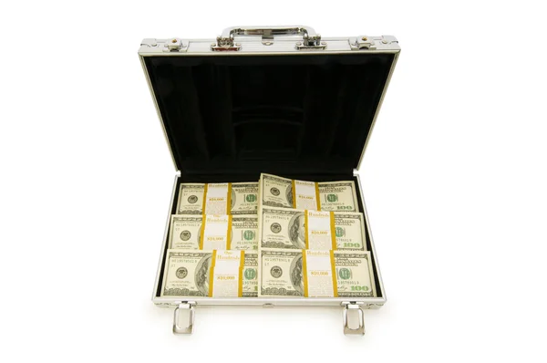 Metal case and lots of dollars on white — Stock Photo, Image